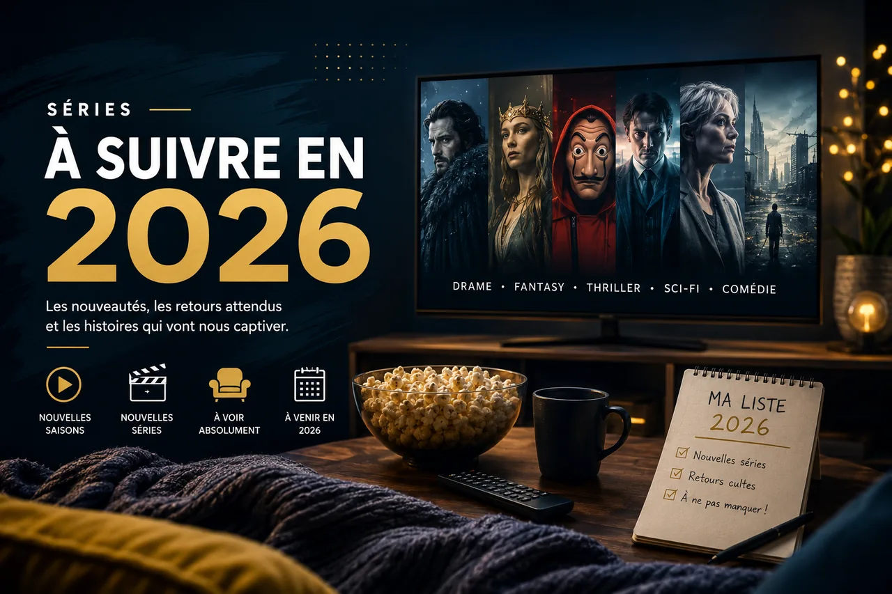 Les séries à suivre en 2026 affichées sur une TV : drame, fantasy, thriller, sci-fi et comédie