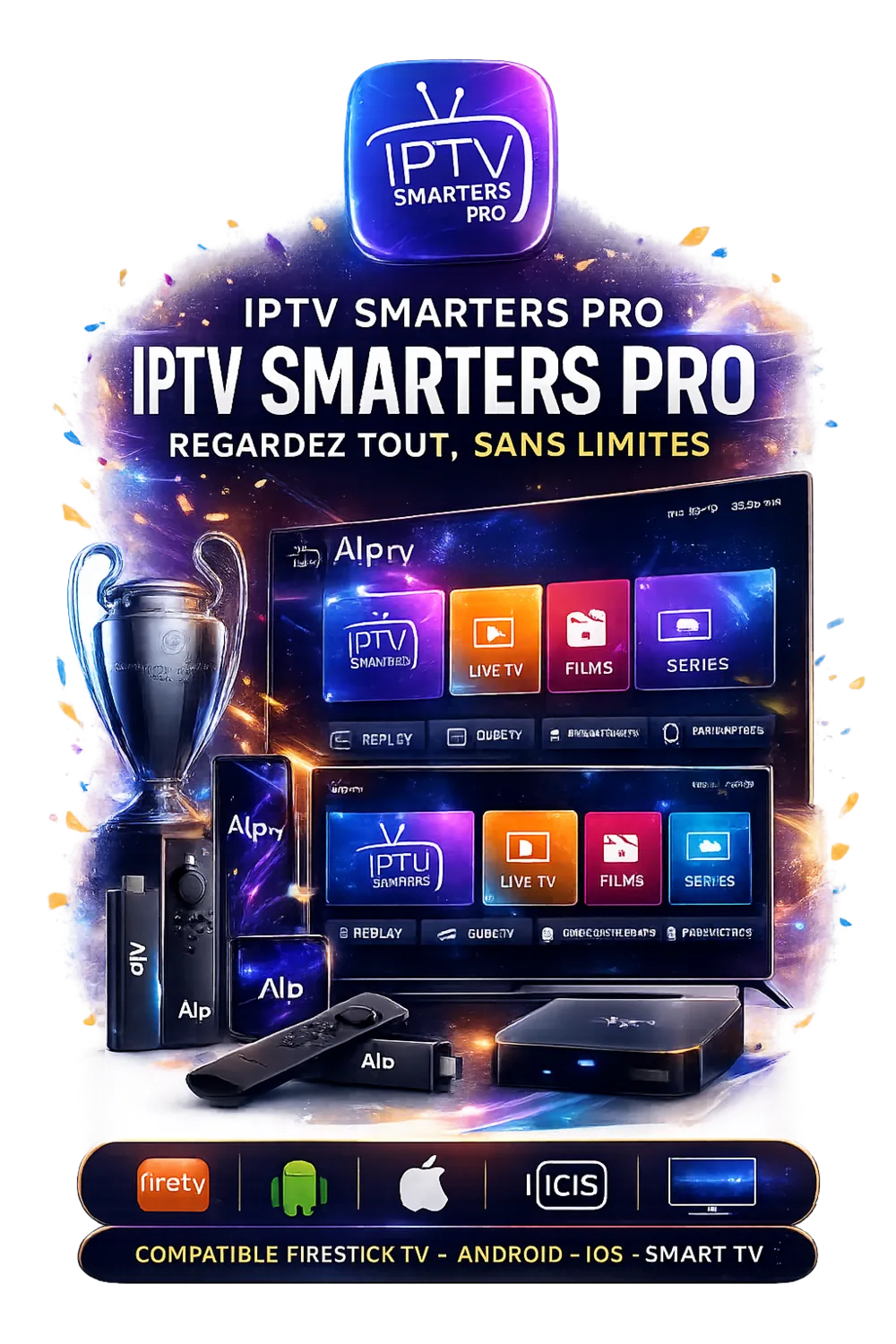 IPTV Smarters Pro sur smartphone et TV pour regarder ALP IPTV, compatible Fire Stick, Android, iOS et Smart TV