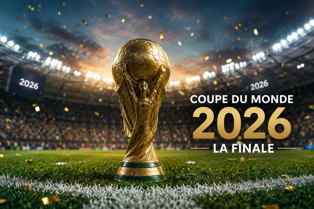 Le trophée de la Coupe du Monde 2026 sur la pelouse, visuel de la finale